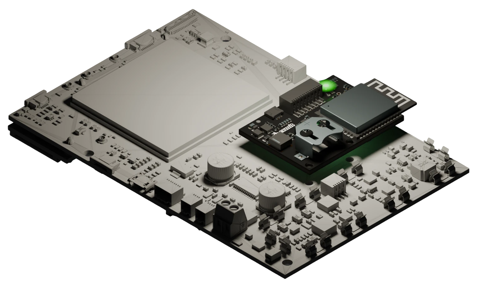 Ermit Secure IoT Module cutaway view: dark enclosure with internal circuit board, coin-cell holder, shielded module, and green status LED.